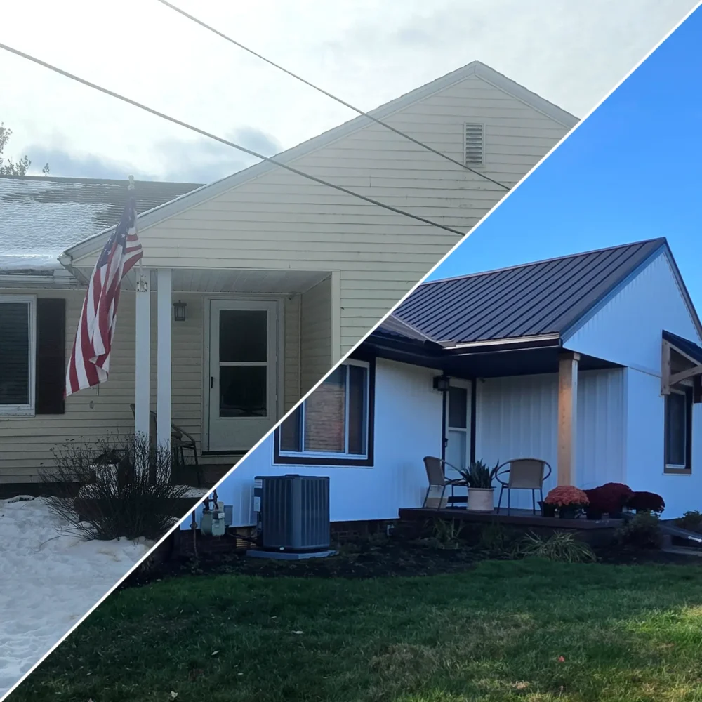 Before & After metal roofing, siding, gutters, soffit, garage door seals, and more exterior work