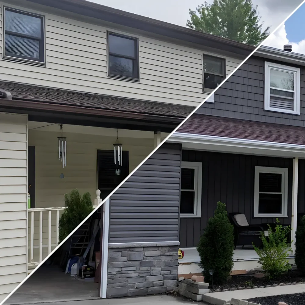 Before & After siding, stonework, windows, and gutters