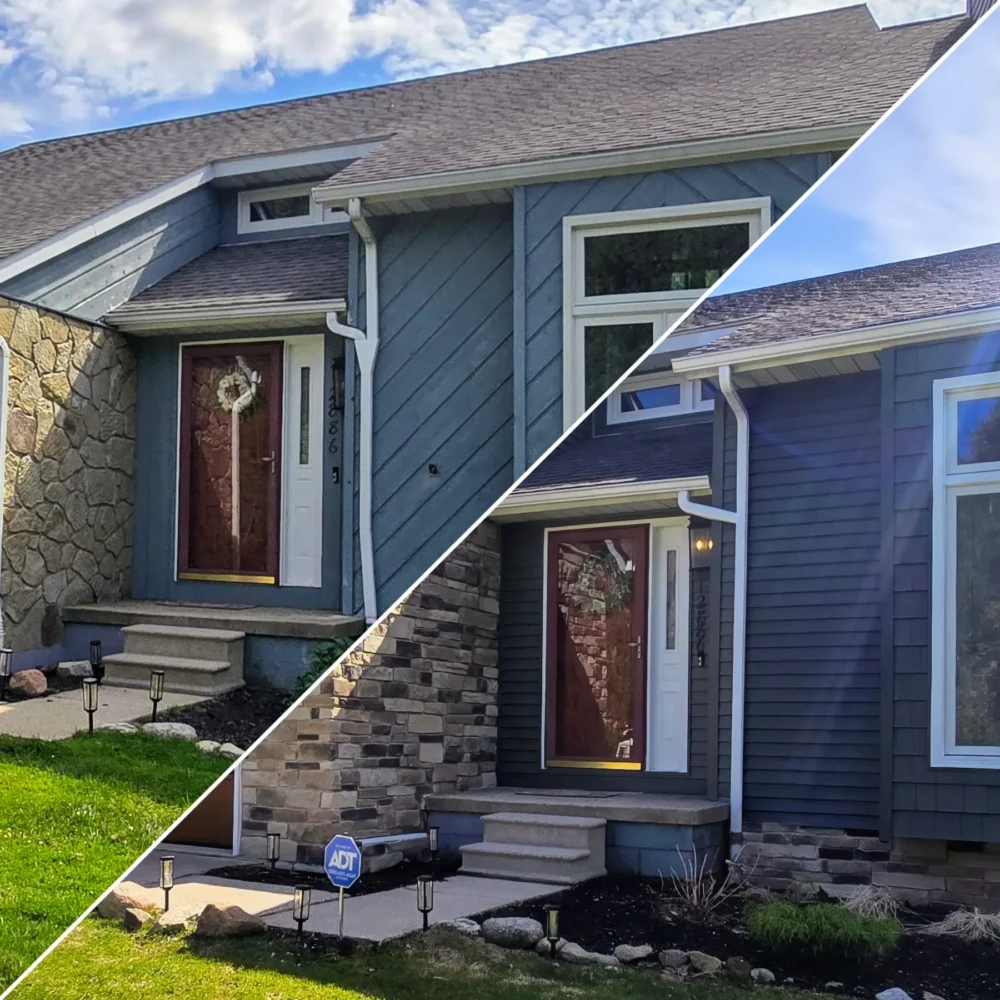 Before and After siding, stonework, garage doors, and gutter installation